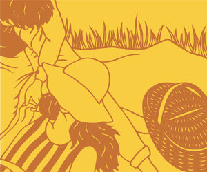 Yellow cut-paper art depicting two people lounging on a blanket in the grass with a picnic basket beside them.