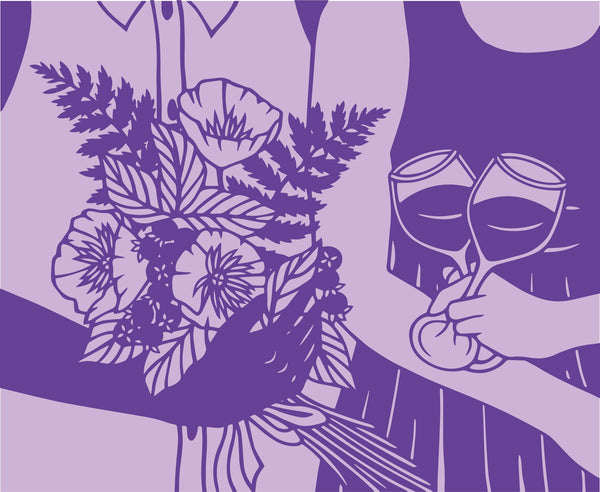 Purple cut paper art depicting the torsos of two formally-dressed women. One holds a pair of wine glasses and the other holds a bouquet.